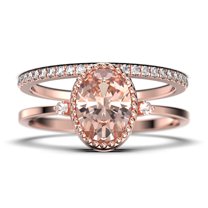 Beautiful Boho And Hippie 1.85 Carat Oval Cut Morganite And Diamond Moissanite Engagement Ring, Wedding Ring, One Matching Band In 925 Sterling Silver With 18K Rose Gold Plating Romanic Gift For Her