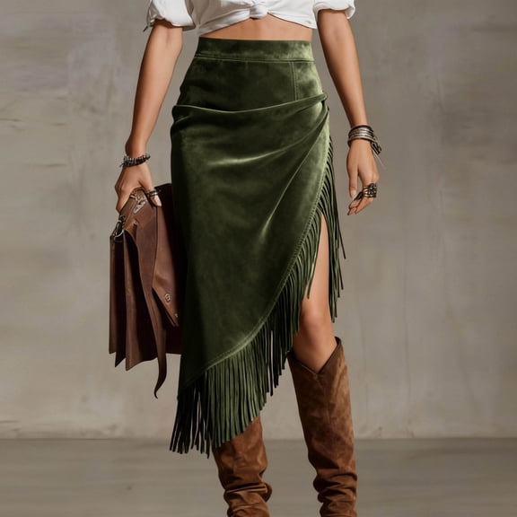 Women's High Waisted Midi Wrap Skirt Faux Suede Fringe Hem Side Split Asymmetrical Pencil Skirt Elegant Boho Style For Club Party Night Out