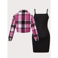 thumbnail image 3 of Mikrdoo 8 Years Kid Girls Outfits 8Y,9Y,10Y,11Y,12Y Big Girls Straps Dress Plaid Print Lapel Collar Cropped Coat 2Pcs Clothes Set Rose Red, 3 of 7