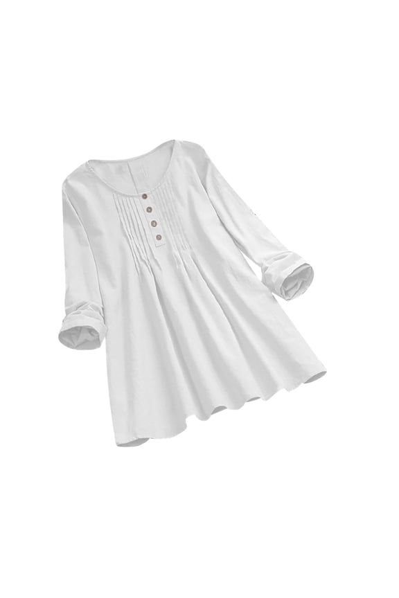 Cotton Linen Shirts for Women Fashion Solid Color Button T-shirt Long Sleeve Blouse Round Neck 2025 Casual Tops White
