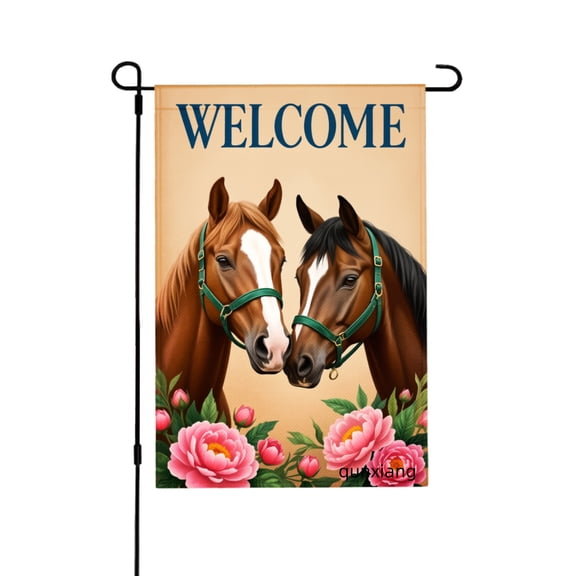 Amhnf Welcome Horses And Flowers Garden Flag For Home Outdoor Garden Yard Decor 12x18 inch