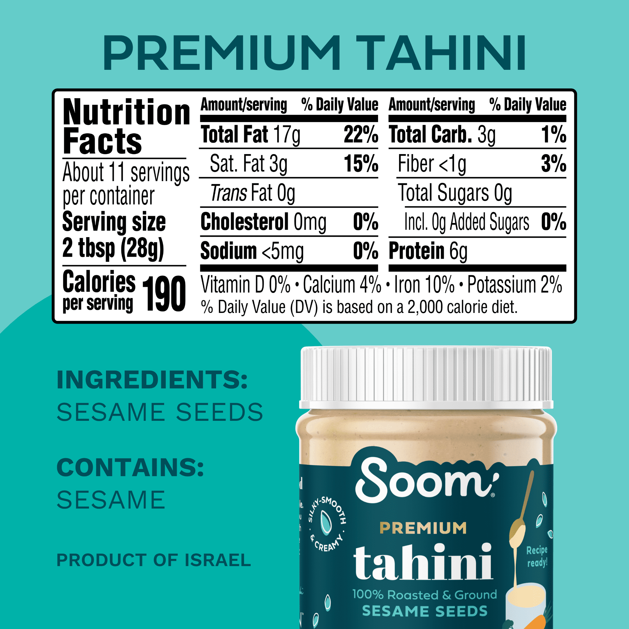 Soom Foods Premium Tahini, Creamy Sesame Seed Paste Spread for Hummus, Nut-Free, 11oz Jar