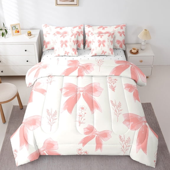 Erosebridal Cute Pink Bowknot Bedding Sets King Size, Chic Floral Comforter Sets with Sheets, Pure White Bedroom Decor, Reversible 7 Pieces