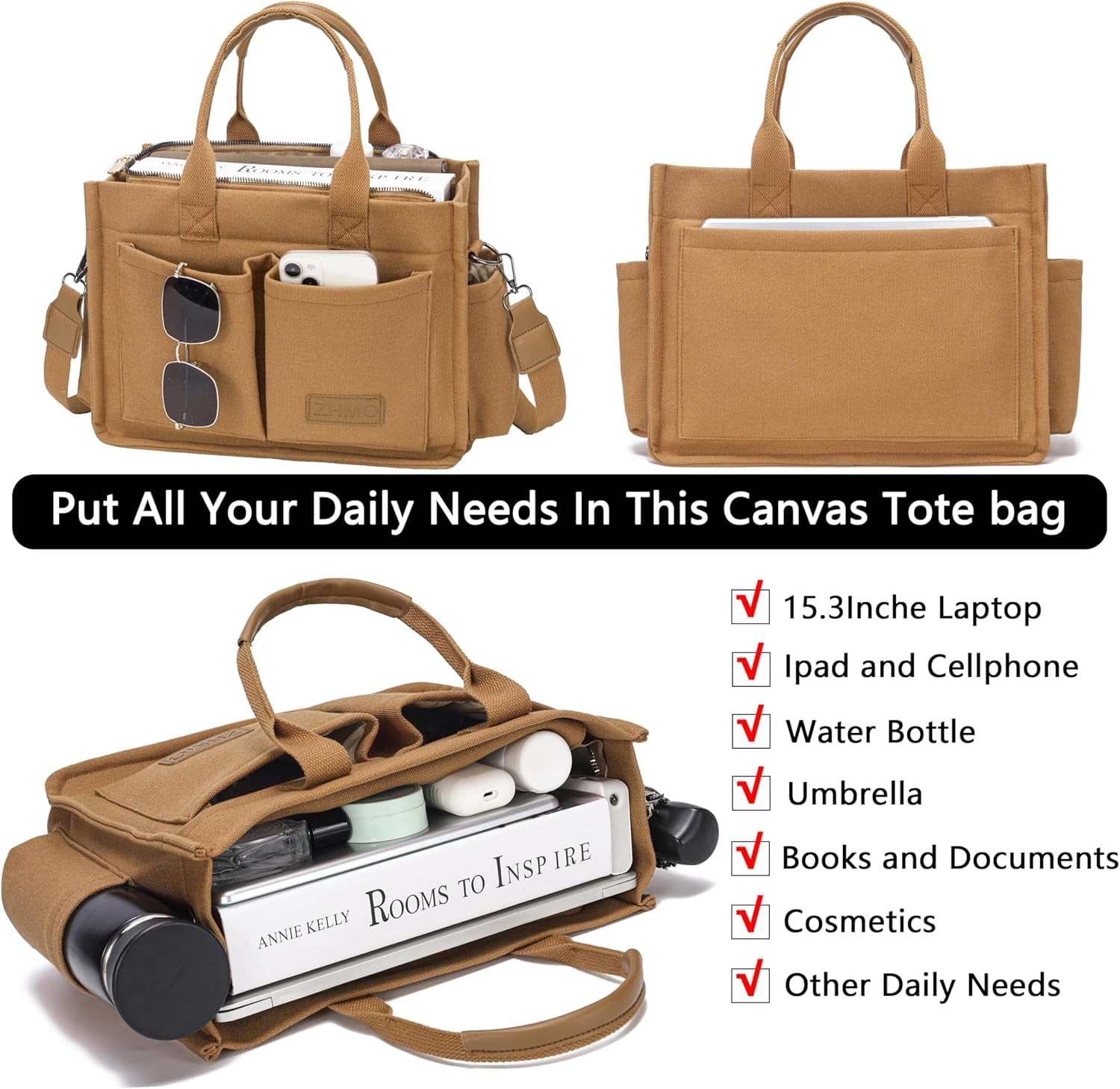 Large Canvas Tote Bag for Women With Pockets,Laptop Crossbody Purses Everything Everyday Bag Handbags for Work Beach Gym