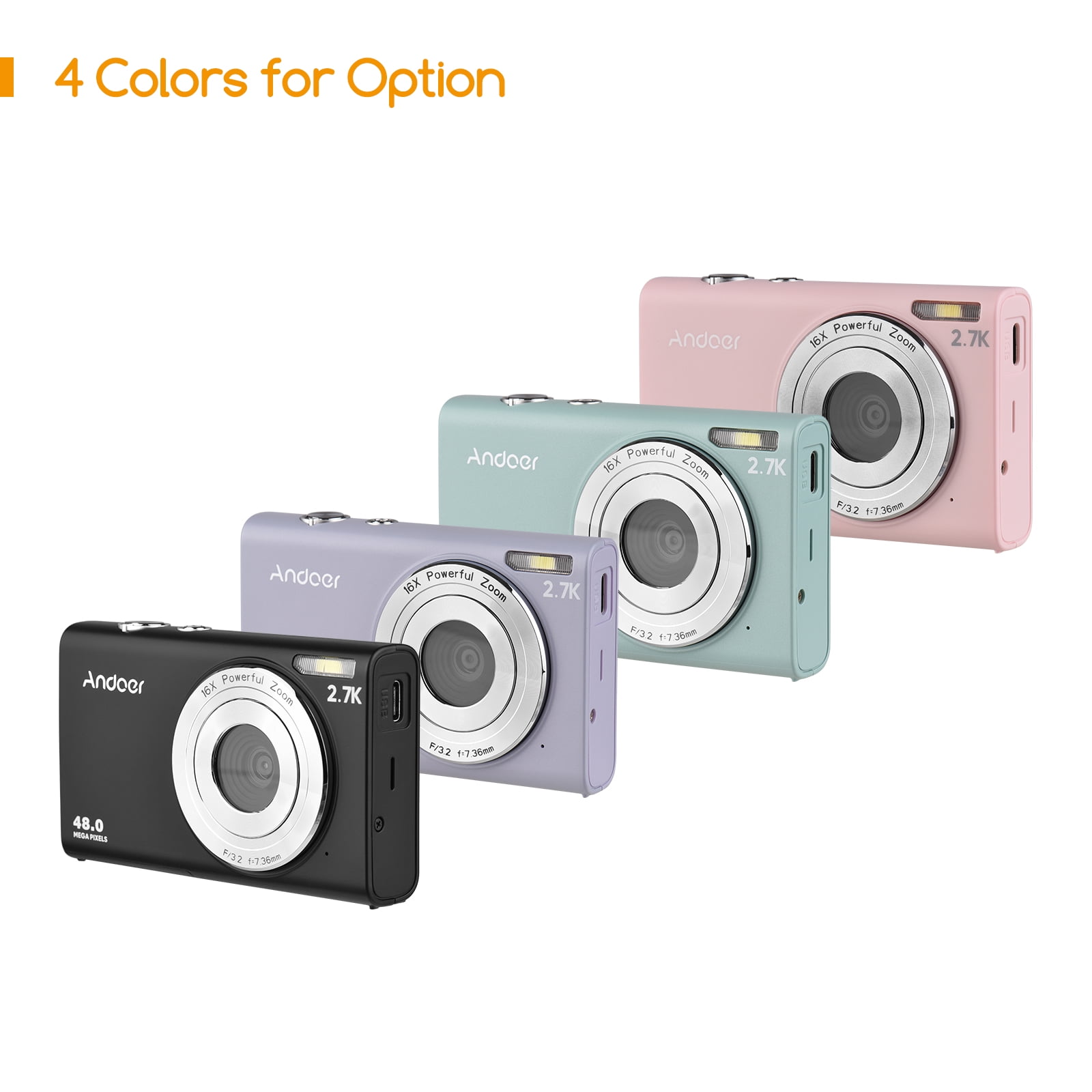 Andoer 2.7K Digital Camera Compact Video Camcorder 48MP Auto Focus 2.88 Inch IPS Screen 16X Zoom -shake Face Detact Smile Capture Built-in LED Fill Light with Carry Bag Wrist Strap 2pcs Batt