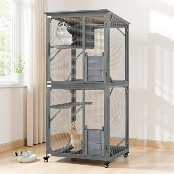 Pefilos 72" Outdoor Cat House Catio Cat Enclosures on Wheels Kitty House with Resting Box,Waterproof Asphalt Roof, Gray