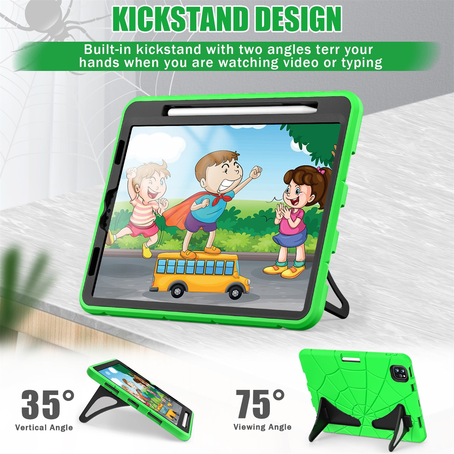 Kids Case for iPad 9th/8th/7th Generation with Pencil Holder, Lightweight Shockproof Stand Anti-Slip Rugged Silicone PC Case Cover for iPad 10.2" 2021/2020/2019 for Boys Girls, Green+Black