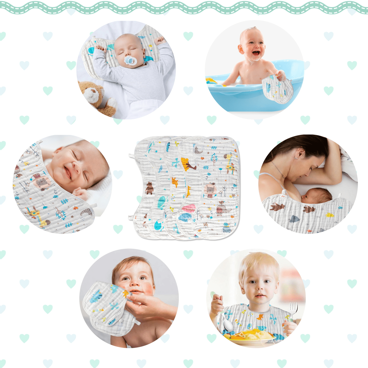 5PCS Cotton Gauze Baby Burp Towel Set Muslin Burp Cloths Baby Boys Towel Essentials for Newborns