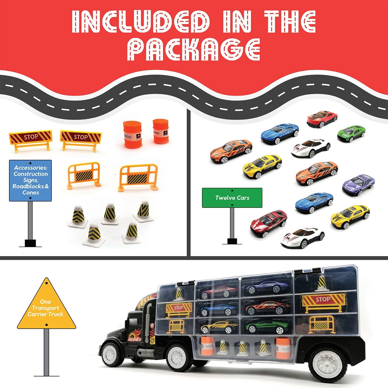 Toy Truck Transport Car Carrier Toy for Boys and Girls Age 3 - 10 yrs Old - Hauler Truck Includes 12 Toy Cars and Accessories - Car Truck Fits 28 Car Slots - Ideal Gift for Kids