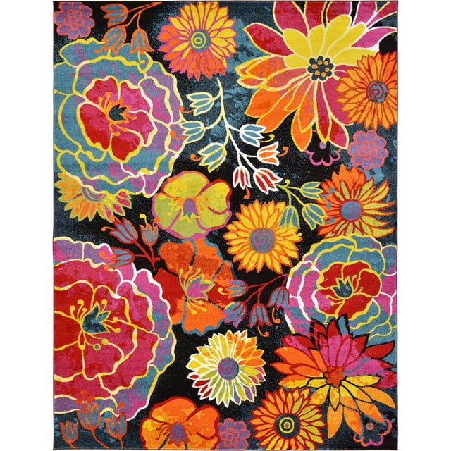Unique Loom Lyon Floral Garden Area Rug 9' x 12' Rectangle Black/Yellow