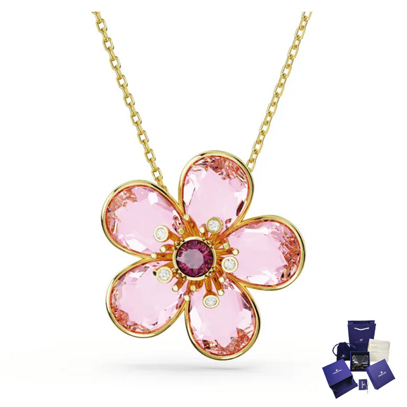 COLLAR COLGANTE SWAROVSKI FLORERE FLOR ROSA ORO CRISTALES MUJER + KIT DE REGALO