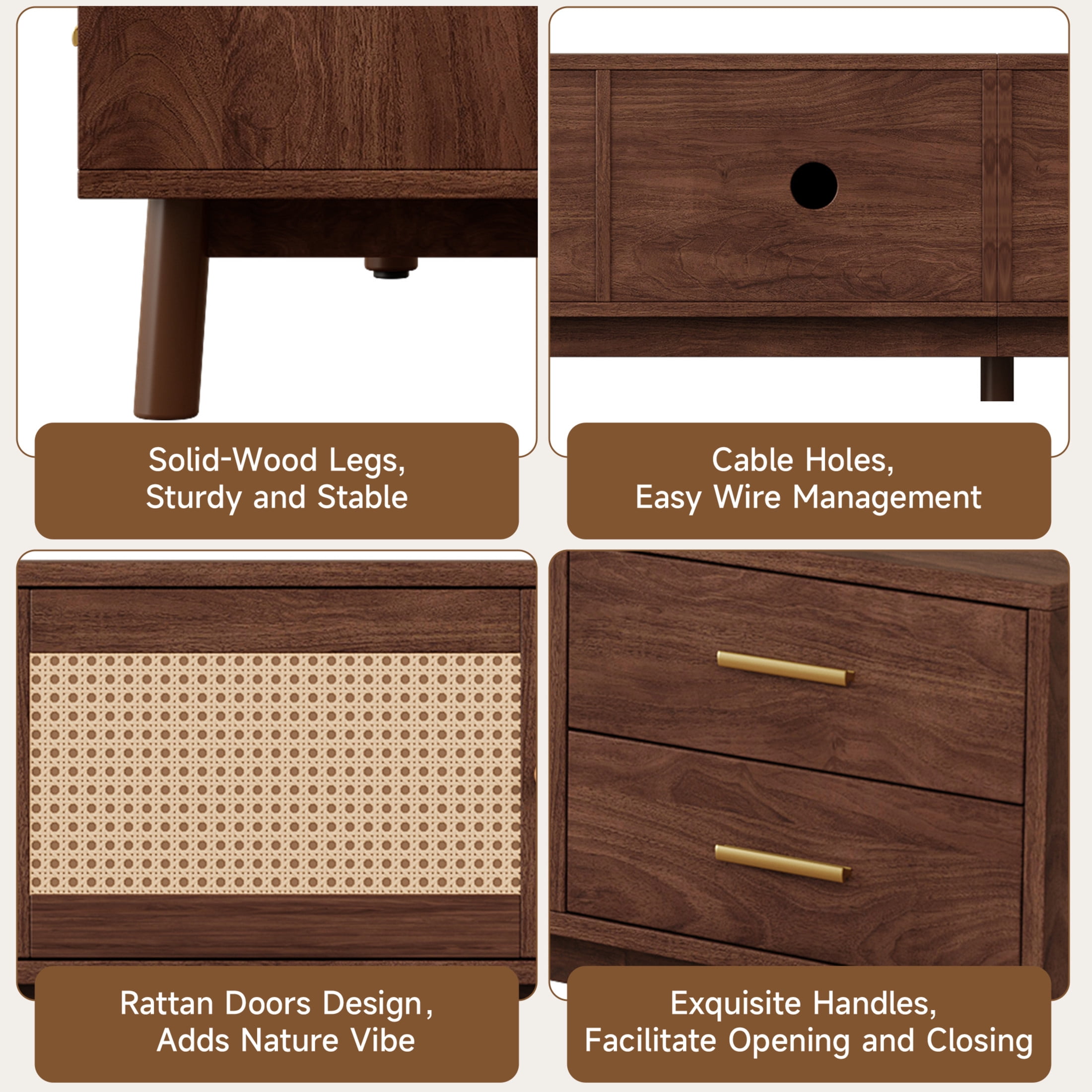 Noble House Modern TV Stand for TVs up to 80" with Rattan Doors, 4 Drawers, Dark Brown
