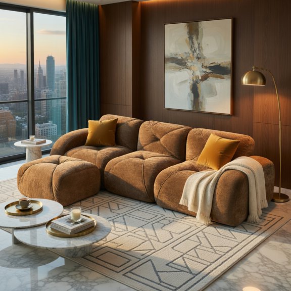 Spaco L-Shaped Tufted Velvet Sofa, Boneless Modular Couch with Ottoman, 32D Sponge, Anti-Slip Base, No Assembly, Living Room Furniture, Brown