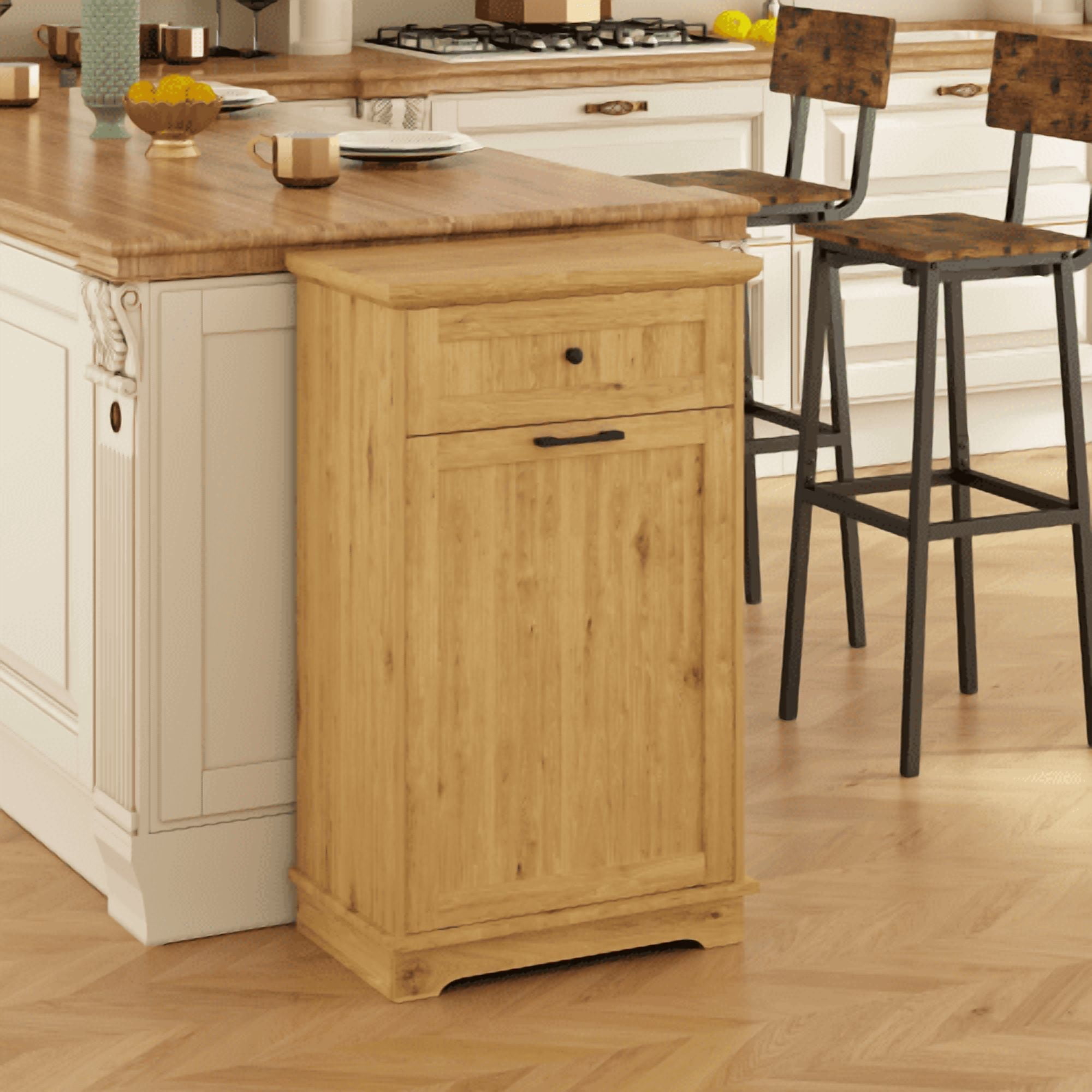 10 Gallon Tilt Out Trash Cabinet, Freestanding Wooden Garbage Recycling Bin with Hideaway Drawer, Pet Proof Trash Can Holder for Kitchen Living Room, Natural (Trash Can Not Included)