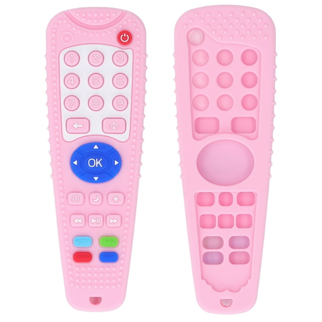 Mordedor de bebé con control remoto, juguete de dentición de silicona suave con varios botones, color rosa