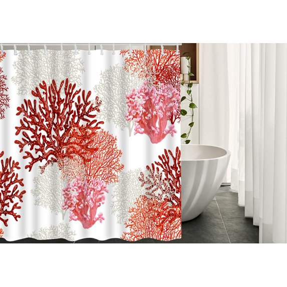 JOOCAR Coral Shower Curtain Set Vintage Tropical Ocean Fish Corals Like Tree Leaves Shower Curtain 72x72 Inch Decorative Waterproof Polyester Fabric with Hooks Pink White