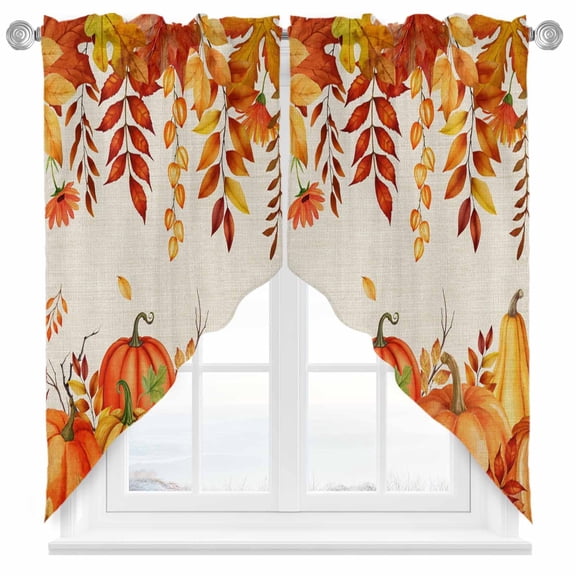 Swag Curtains Valances for Windows, Pumpkins Fall Thanksgiving Short Kitchen Window Curtains Over Sink, Orange Leaves Farmhouse Cafe Curtains Panel Set Of 2,Rod Pocket, 36 Inches Length
