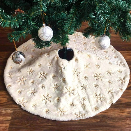 Jorlo Christmas Tree Skirt Large White & Gold Luxury Faux Fur with Snowflakes Tree Skirt Christmas Decorations Plush Tree Skirts Xmas
