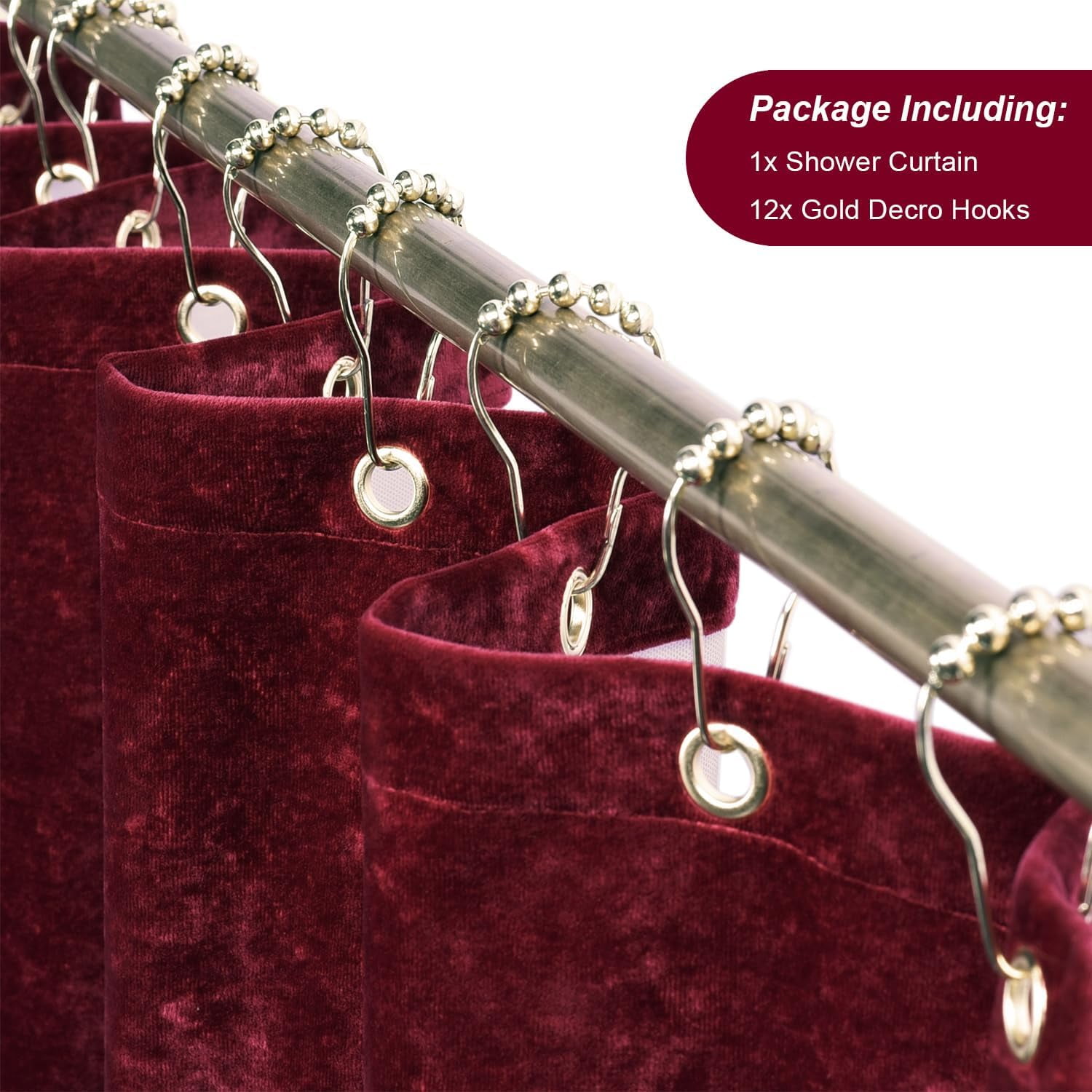 Burgundy Red Shower Curtain for Bathroom, Luxury Crushed Velvet Shower Curtain Red, Dark Shower Curtain Set with Gold Decro Metal Hooks, Machine Washable Thick Fabric, Burgundy, 72 x 72 inches
