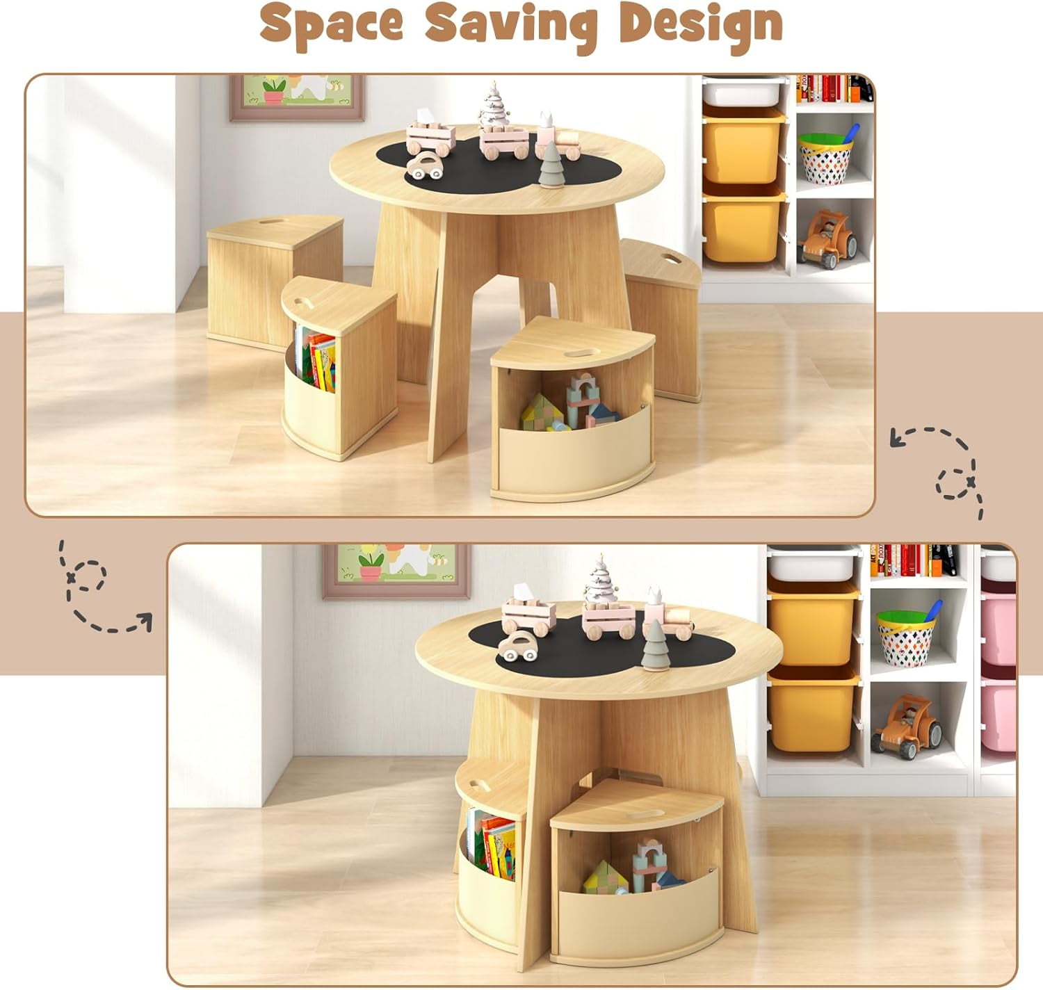 OLAKIDS Toddler Table and Chair Set with 4 Storage Stools, Wooden Flower Shaped Nesting Table with Blackboard Drawers, Children Multi-Activity Table for Art Crafts Draw Read Boys Girls 3+