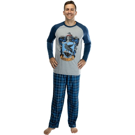 Harry Potter Mens' 2-Piece Hogwarts Plaid Raglan Long-Sleeve Pajama Pant Set - Gryffindor Slytherin Hufflepuff Ravenclaw