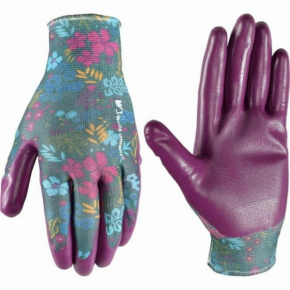 Wells Lamont 497L Womens Botanical Print Smooth Nitrile Coated Work Palm Dip & Gardening Gloves, Multi Color - Large