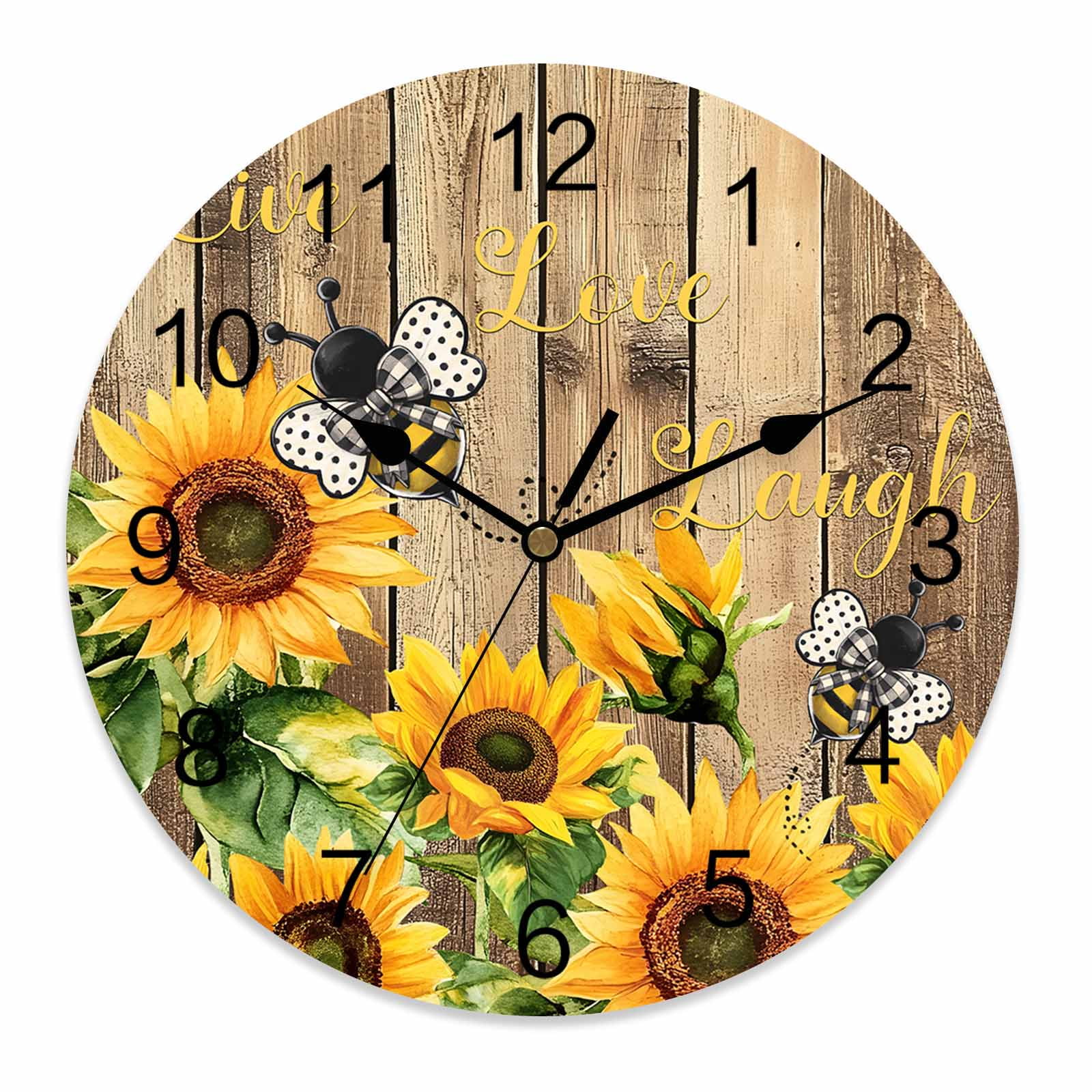 Wall Clock 12 Inch Farmhouse Sunflower Round Silent Decorative Wall Clocks Battery Operated for Living Room Bedroom Kitchen Classroom Decor, Live Love Laugh Vintage Brown Wood,Large