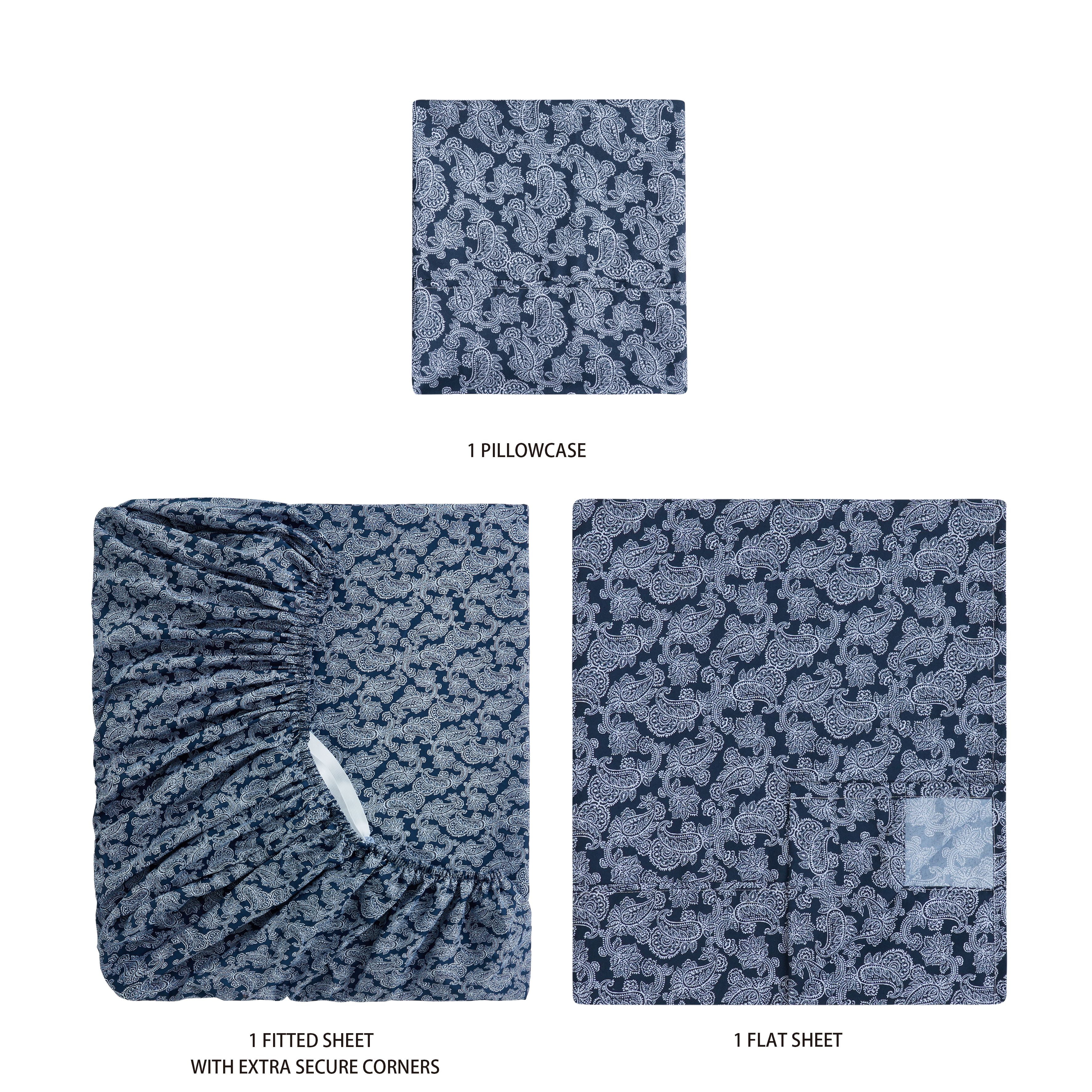 Mainstays Super Soft Brushed Microfiber Bed Sheet Set, Navy Blue Hayden Paisley Print, Twin-XL, 3 Piece