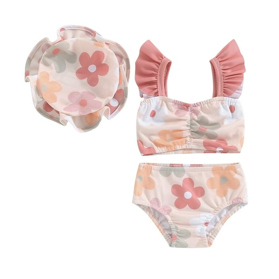 Bagilaanoe Toddler Baby Girls Swimsuits 3 Piece Tankini Set Floral Print Fly Sleeve Tops   Shorts   Swim Cap 6M 12M 18M 24M 3T Kids Swimwear Bathing Suit Beachwear