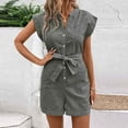 thumbnail image 2 of ZyeKqe Jumpsuits for Women Striped Sleeveless Button down Short Rompers Belted Work Overalls with Pockets, 2 of 5