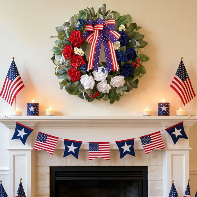 Grande Couronne de Porte d'Entrée Patriotique avec Fausses Feuilles Vertes, Fleurs Rouges Blanches Bleues et Nœud, Décoration Intérieure et Extérieure pour le Jour du Souvenir Ou le Jour de l'Indépendance pour Porche, Mur, Garage, Fête, Jardin