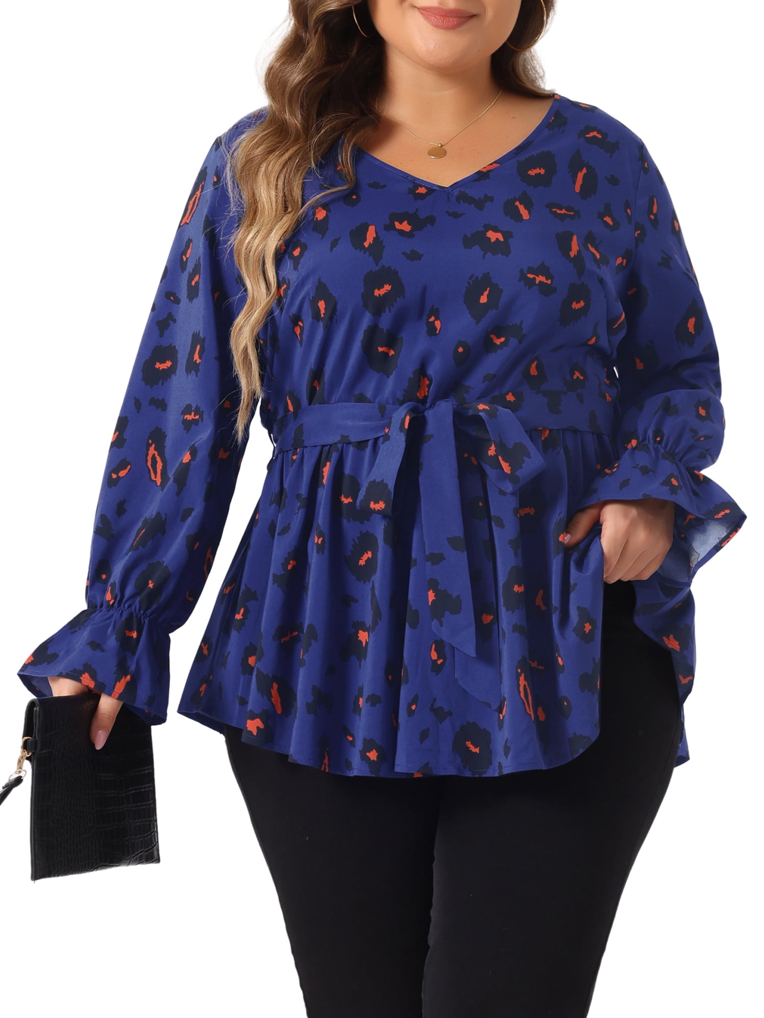 DARING DIVA Women's Plus Graphic Print Belted Long Sleeve V Neck Top 2X Royal Blue