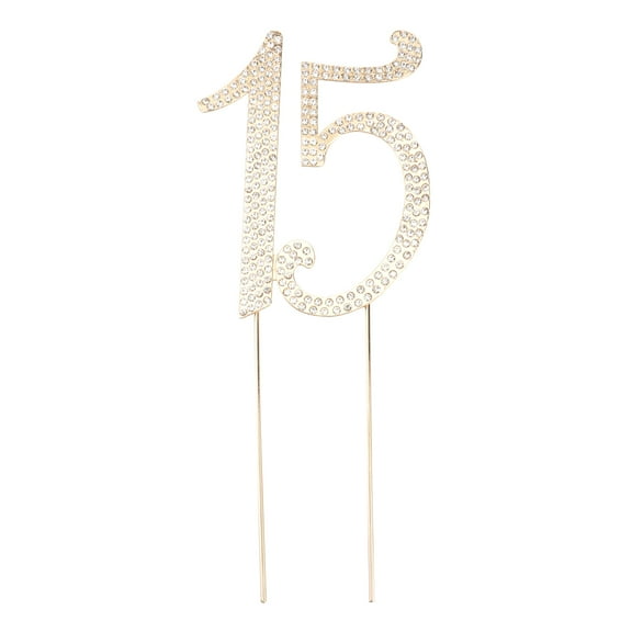 15 Cake Topper for 15th Birthday Party or Anniversary Crystal Rhinestones Decorative Cake Topper for Party Supplies (Gold)