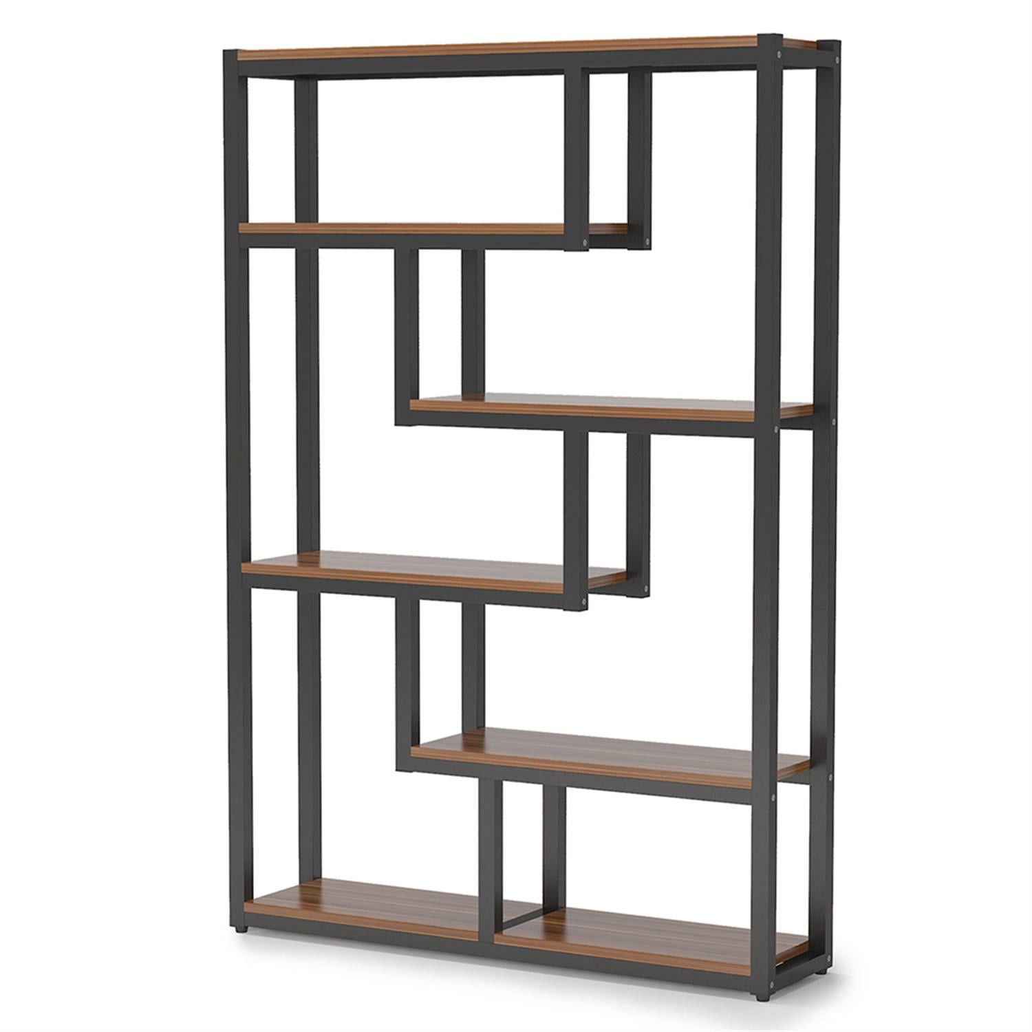 Demi Bonn 6 Tier Bookshelf, Wood and Metal Bookcase Storage Organizer, 69" Tall Display Standing Staggered Shelf Unit for Bedroom, Living Room, Brown