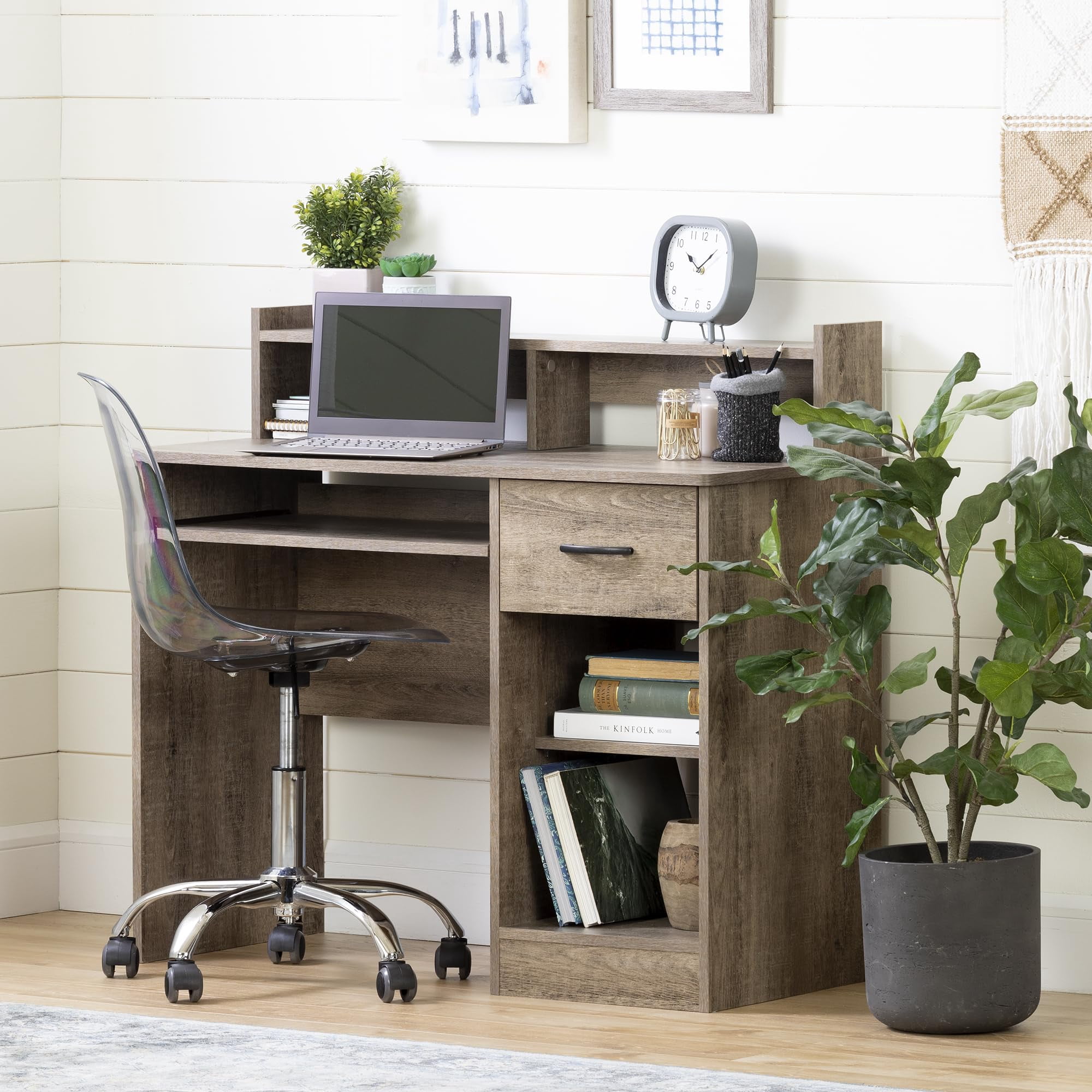 UrbanPro Contemporary Wood Desk with Keyboard Tray in Weathered Oak