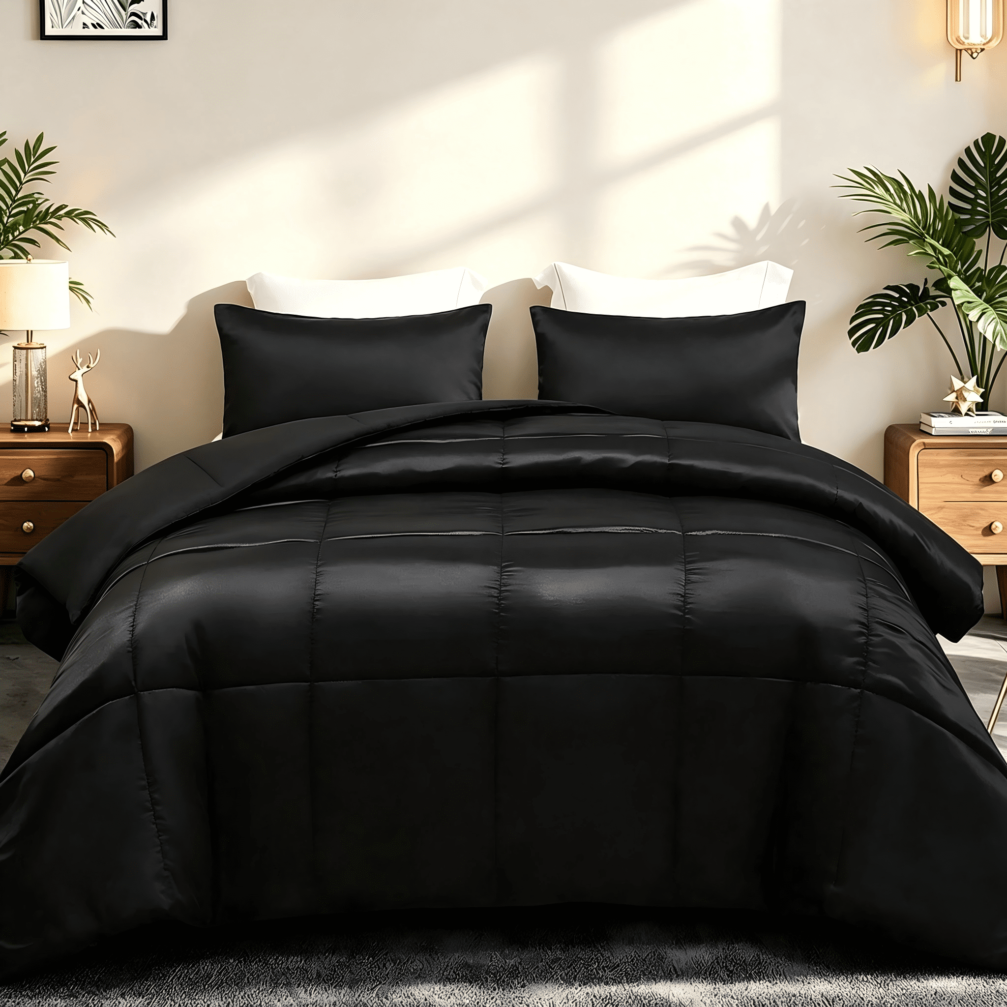 Whale Flotilla 3-Piece Reversible Silky Satin King Size Comforter Bedding Set, Lightweight Luxury Comforters with 2 Pillowcases All-Season, Black