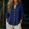 thumbnail image 6 of Feancey Cotton Linen Button Down Shirts for Women Dressy Casual Ruffle 3/4 Sleeve Blouse Summer Loose V Neck Gauze Shirt Elegant Work Tops Navy S, 6 of 10