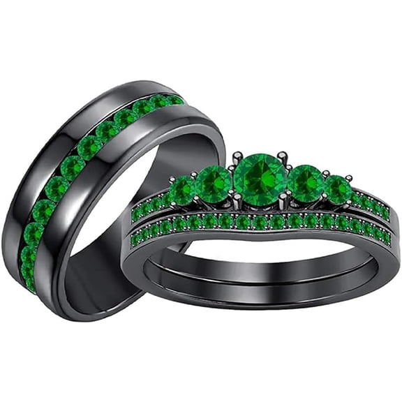 beryl_creation Unisex 925 Sterling Silver 1.30 Ct Round Cut Green Emerald Wedding Engagement Trio Ring Set 14K Black Gold Plated For Men's & Women's -5.5