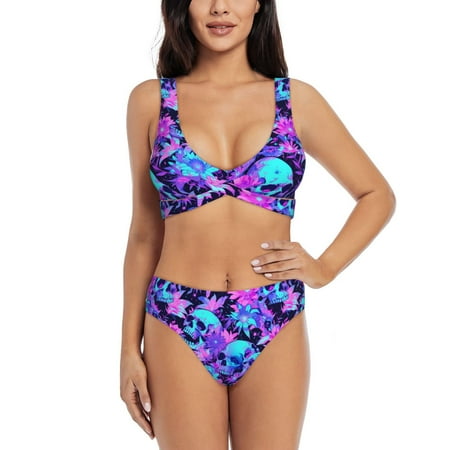 Zeuib Flower Happy Skull High Waisted Tummy Control Bikini Set - Knot Front Push Up Top & Cheeky Thong Bottom  Two-Piece Swimsuit for Women-Medium