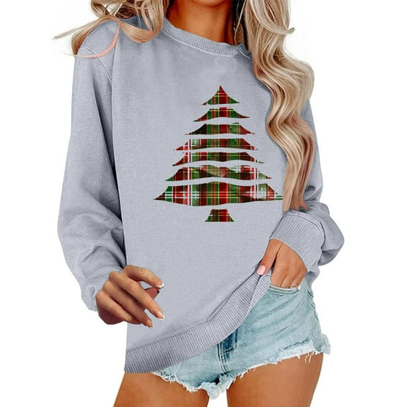 Women's Christmas Sweatshirt Winter Long Sleeve Sweaters Fashion Crewneck Shirts Xmas Tree Printed Pullover Top Loose Plus Size Blouses Tops