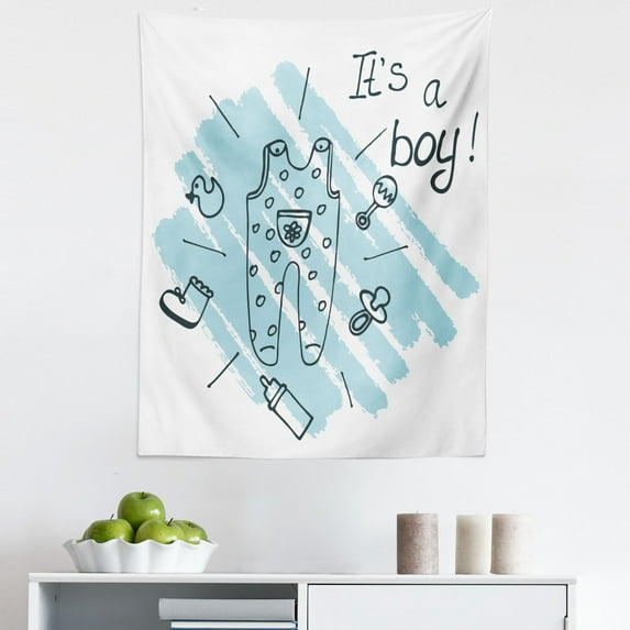Turquoise Tapestry, Its Boy Words Clothes Parenthood Theme Paintbrush Style Illustration, Fabric Wall Hanging Decor for Bedroom Living Room Dorm, 5 Sizes, Turquoise, by Ambesonne