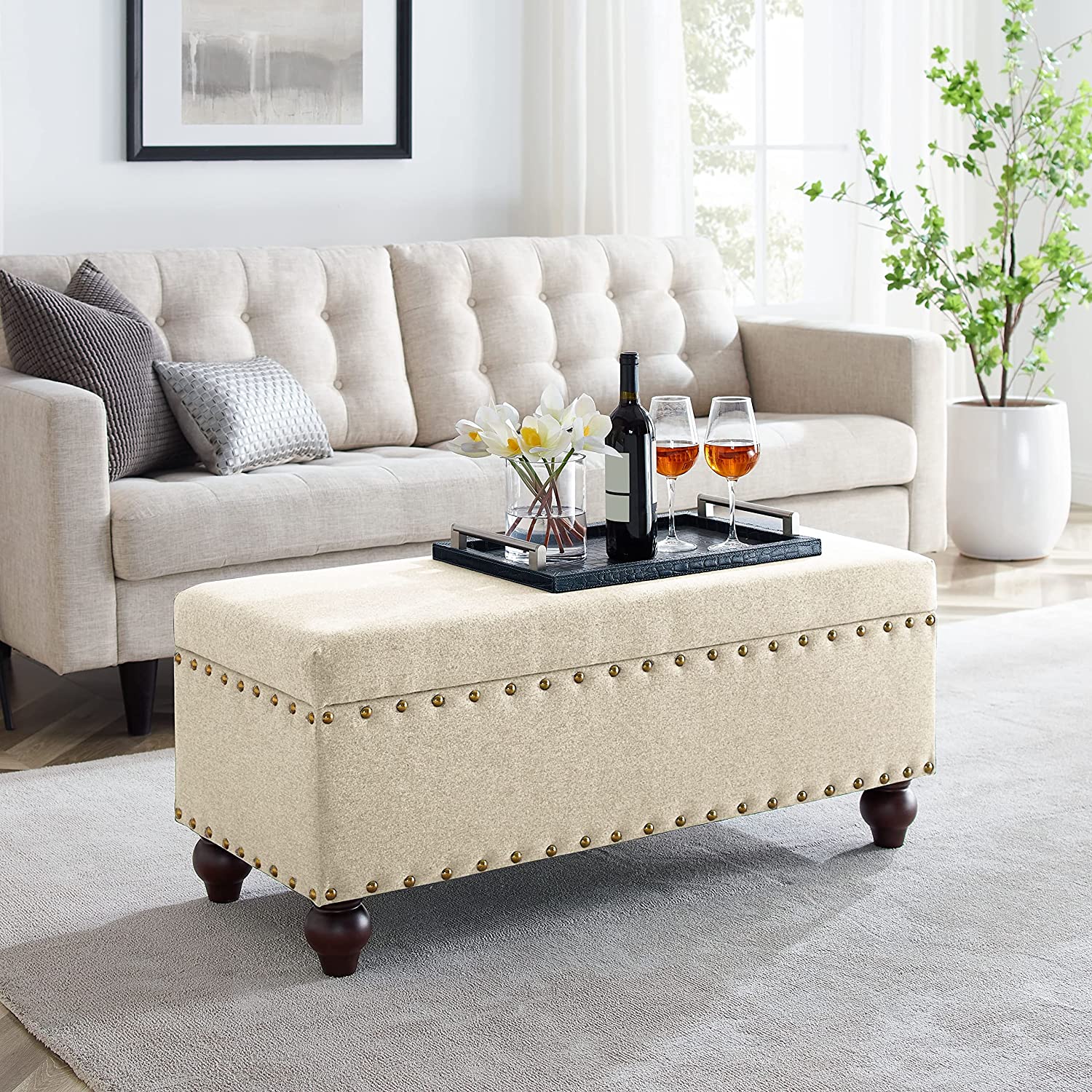 Hbaid 40.95" Storage Ottoman Bench Linen Fabric Storage Bench End of