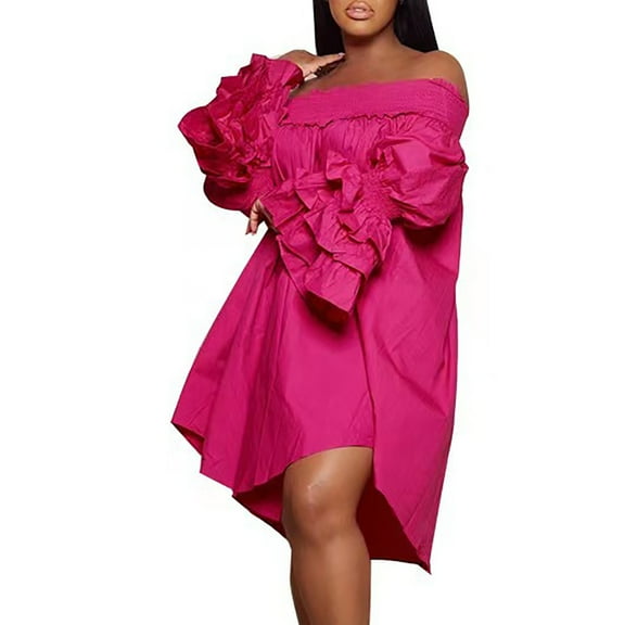 Women Sexy Three Layer Shoulder Ruffled Long Sleeved Fashionable Casual Dress