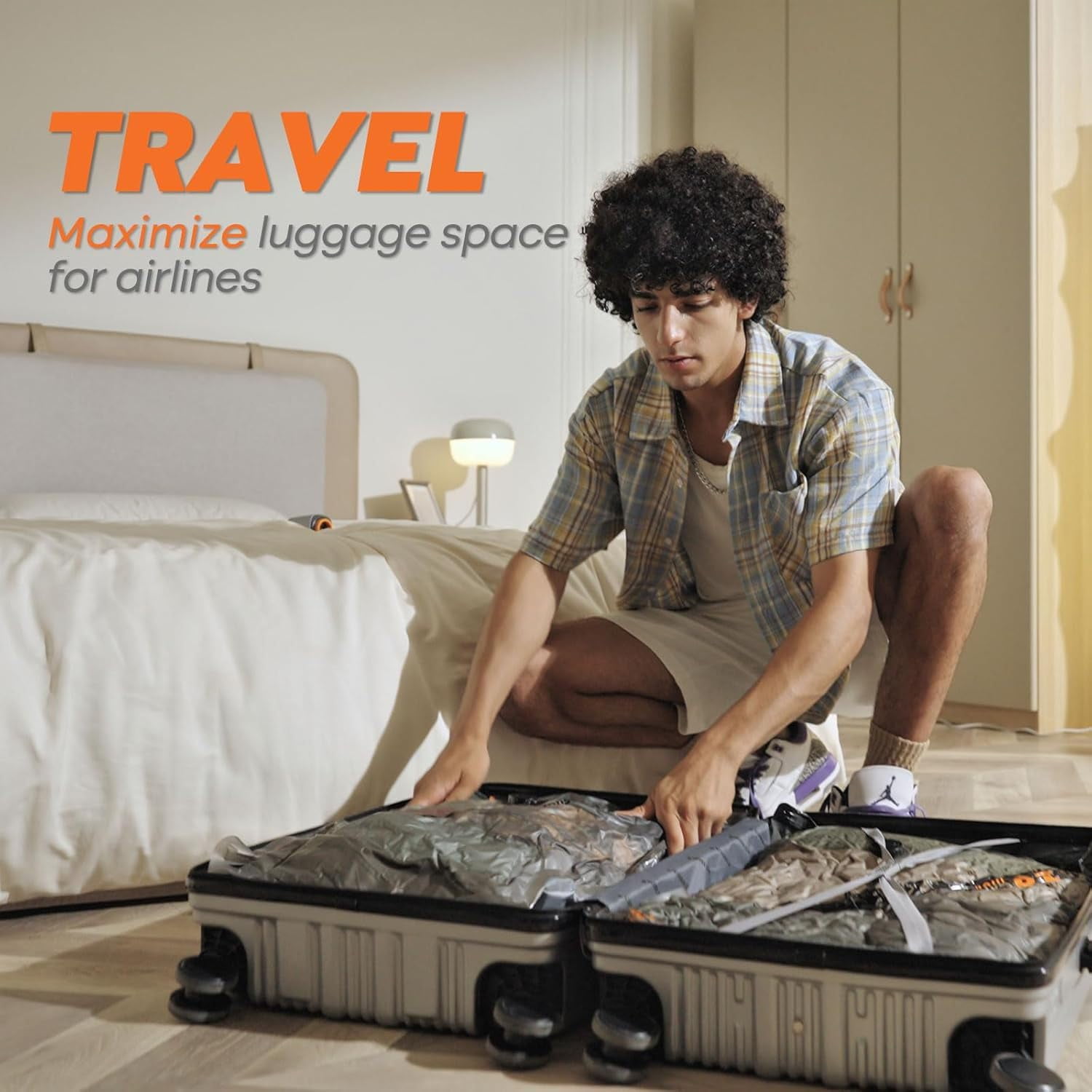 Cordless Travel Vacuum Storage Compression Bag Set, 6 Pack & 9pack, 3 Sizes, USB Rechargeable Handheld Pump with Built-In Battery Reusable, Saves Clothing and Packing Space(White 9)