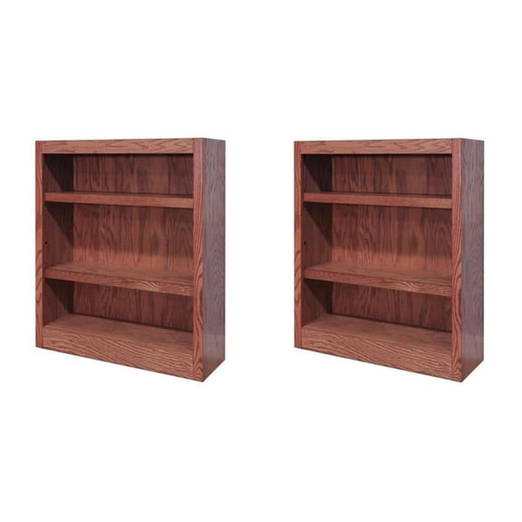 Pemberly Row Set of 2 Traditional 36" Tall 3-Shelf Wood Bookcases in Dry Oak