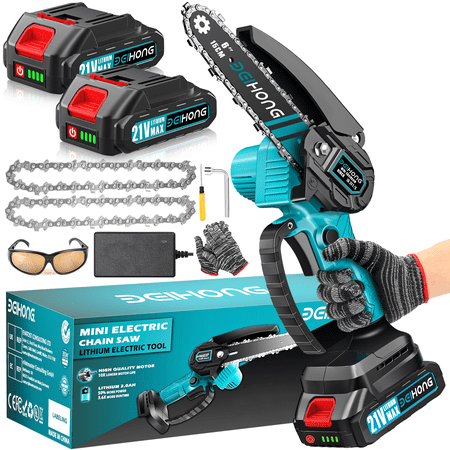 Bei & Hong Mini Chainsaw 6 inch Battery Powered Security Lock One-Hand Use, 2 Batteries