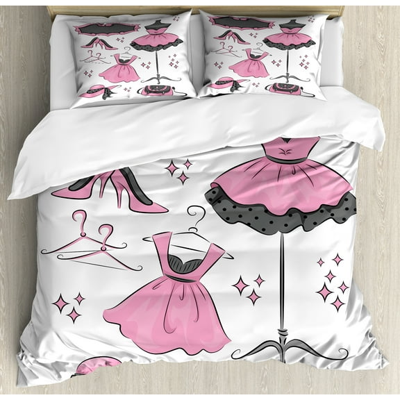 Heels and Dresses Duvet Cover Set, Boutique Inspired Design Dresses Hangers Cartoon Style, Decorative 3 Piece Bedding Set with 2 Pillow Shams, Calking Size, Pale Pink White Grey, by Ambesonne