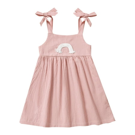 

Suanret Toddlers Girls Casual Summer Dress Infants Rainbow Pattern Tie-up Shoulder Strap Sleeveless Big Hem Skirt Pink 18-24 Months