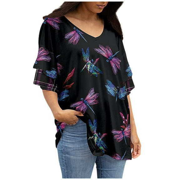 Wycnly Womens Tops Dressy Casual Short Sleeve V-Neck Dragonfly Print Summer Shirts Ruffle Layer Sleeve Vintage Plus Size Pullover Blouse Purple L Clothes