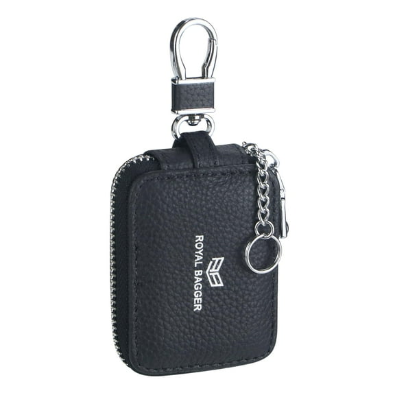 Royal Bagger Mini Earphone Bag Genuine Leather Zipper Key Wallet with Keychain, Portable Headphone Case for Men & Women 3901